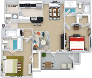 The Montreal 3D. 2 bedroom apartment. Kitchen with bartop open to living/dining rooms. 2 full bathrooms, double vanity in master. Walk-in closet. Patio/balcony.
