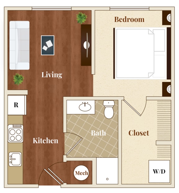 s7 Studio 1 Bathroom St. Mary&#x27;s Floor Plan 564 sf at St. Marys Square Apartments, Raleigh, NC