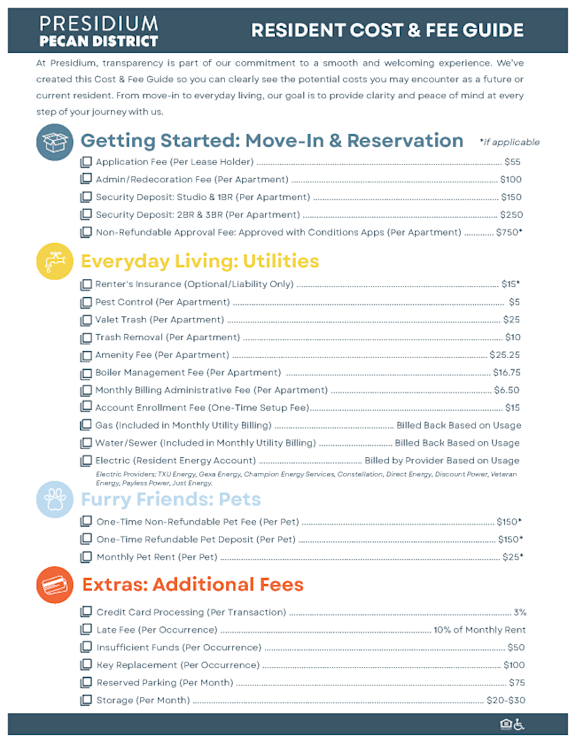 A guide detailing the cost of living at Presidium Pecan District.