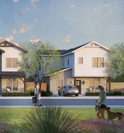 a rendering of a neighborhood of townhomes with people walking on the street and