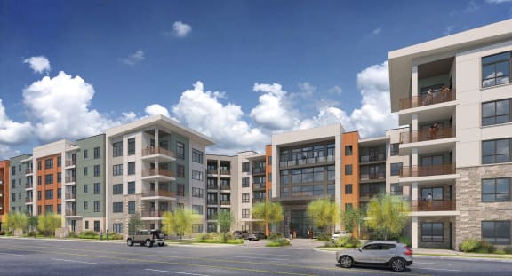 a rendering of an apartment building on a city street