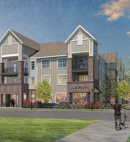 a rendering of a large apartment building with a man riding a bike