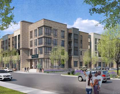 a rendering of a large building with cars on the street