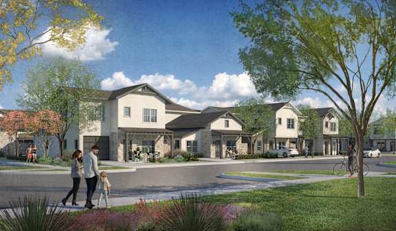 a rendering of a neighborhood with people walking on the street
