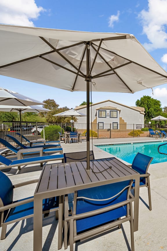 our apartments have a resort style pool with tables and chairs