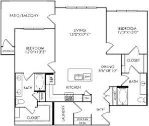 2 bedroom 2 bath floorplan with kitchen and island overlooking living room.  bedoroms on opposite sides of the floorplan. large patio/balcony.