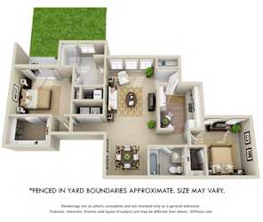 Glenwood + Fenced-in Yard 3D. 2 bedroom apartment. Kitchen closed off. 2 full bathrooms, double vanity in master. Walk-in closets in both bedrooms. Patio/balcony open to yard.