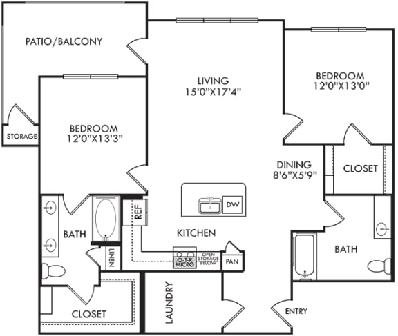 2 bedroom 2 bath floorplan with kitchen and island overlooking living room.  bedoroms on opposite sides of the floorplan. large patio/balcony.
