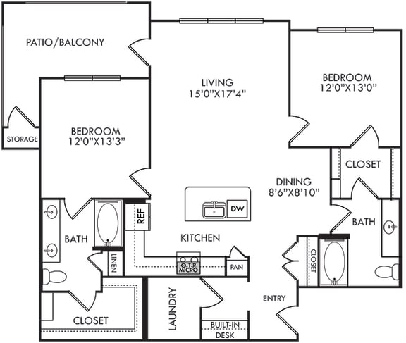2 bedroom 2 bath floorplan with kitchen and island overlooking living room.  bedoroms on opposite sides of the floorplan. large patio/balcony.
