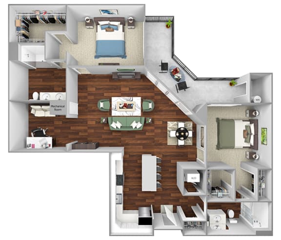 B14 - 2 Bed - 1 Den - 2 Bath - The Airdrie at Paoli Station - 3D Floor Plan