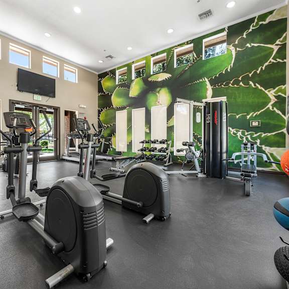 a gym with cardio equipment and a large wall mural of gym equipment