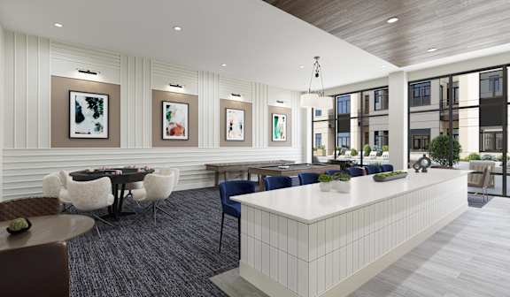 a rendering of a lobby with a bar and tables