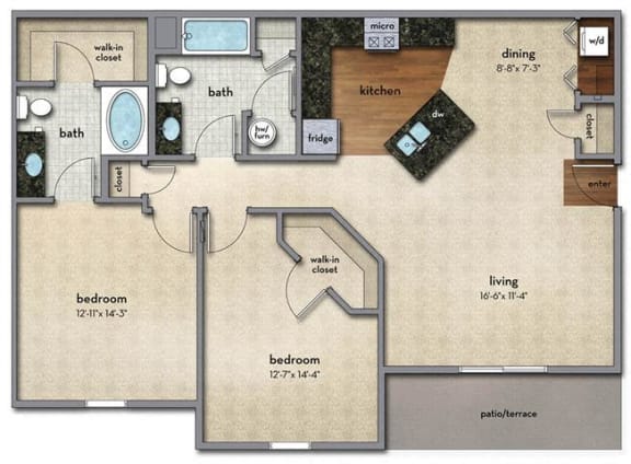 Floor Plan  2 bed 2 bath Floor Plan | 1,239 Sq. Ft. at Strathmoor Apartments , Dublin, OH
