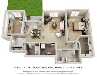 Stonebrook + Fenced-in Yard 3D. 1 bedroom apartment. Kitchen closed off. 1 full bathroom with double vanity. Extra storage room. Walk-in closet in bedroom. Patio/balcony open to yard.
