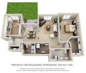 Stonebrook + Fenced-in Yard 3D. 1 bedroom apartment. Kitchen closed off. 1 full bathroom with double vanity. Extra storage room. Walk-in closet in bedroom. Patio/balcony open to yard.