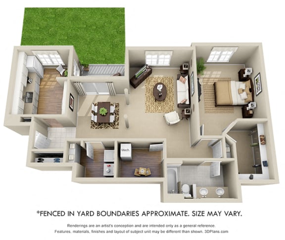 Stonebrook + Fenced-in Yard 3D. 1 bedroom apartment. Kitchen closed off. 1 full bathroom with double vanity. Extra storage room. Walk-in closet in bedroom. Patio/balcony open to yard.