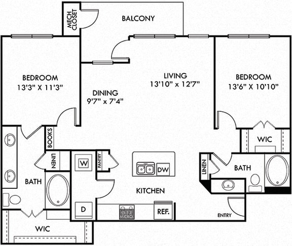 Vaughan 2 bedroom apartment. Kitchen with island open to living & dining rooms. 2 full bathrooms, double vanity in master. Walk-in closet in both bedrooms. Patio/balcony.