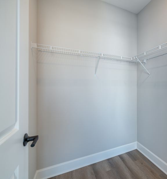 A white closet with a door and shelves.