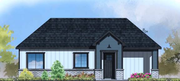 a small white house with a black roof