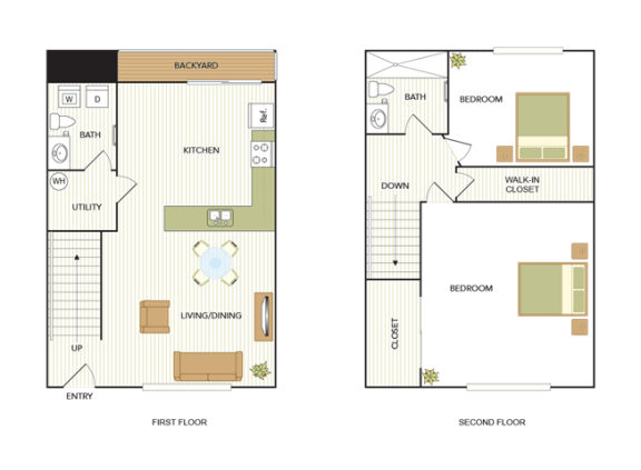 Floor Plan  Fusion Two Bedroom, One and a Half Bath Townhome
