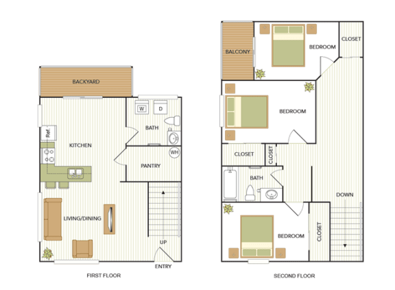 Floor Plan  Three Bedroom, One and a Half Bath Townhome