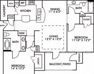 The Berlin. 2 bedroom apartment. Kitchen with bartop open to living/dining rooms. 2 full bathrooms, double vanity in master. Walk-in closets. Patio/balcony.