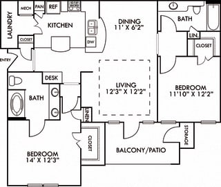 The Berlin. 2 bedroom apartment. Kitchen with bartop open to living/dining rooms. 2 full bathrooms, double vanity in master. Walk-in closets. Patio/balcony.