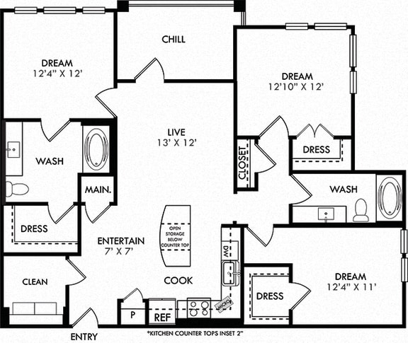 The Brushy Creek 3 bedroom apartment. Kitchen with island open to living/dining rooms. 2 full bathrooms. Walk-in closets. Patio/balcony.