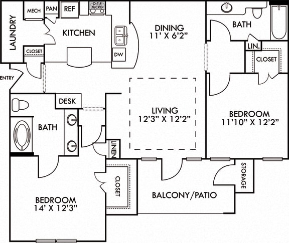 The Berlin. 2 bedroom apartment. Kitchen with bartop open to living/dining rooms. 2 full bathrooms, double vanity in master. Walk-in closets. Patio/balcony.