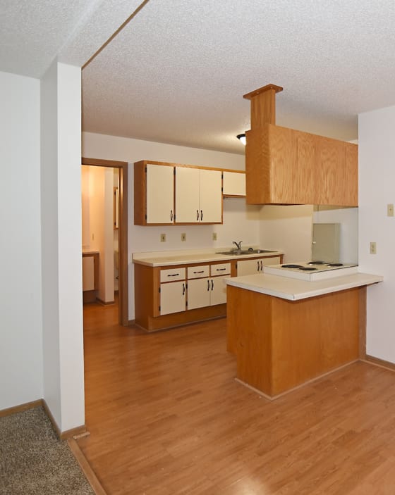 an empty kitchen and living room with wood flooring and wooden cabinets
