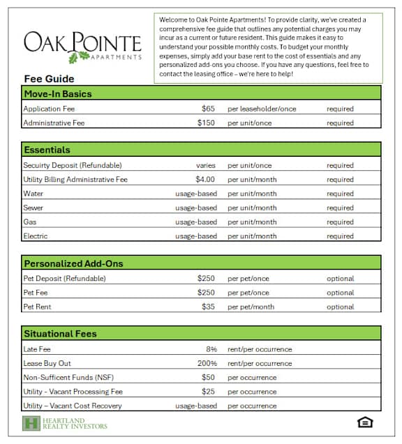 A fee guide for Oak Pointe Apartments is displayed, detailing various fees such as application, administrative, and usage-based fees.