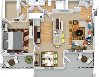 Amberley. 1 bedroom apartment. Kitchen with bartop open to living/dinning rooms. 1 full bathroom, double vanity. Walk-in closet. Patio/balcony.