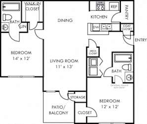 windsor 2 bedroom floorplan with galley kitchen and peninsula bartop open to dining and living room. Pantry. 2 full baths. large closets. in-unit laundry. patio/balcony.