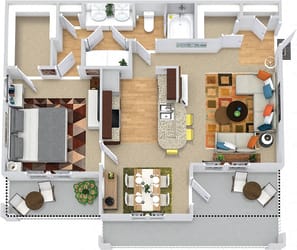 Amberley. 1 bedroom apartment. Kitchen with bartop open to living/dinning rooms. 1 full bathroom, double vanity. Walk-in closet. Patio/balcony.