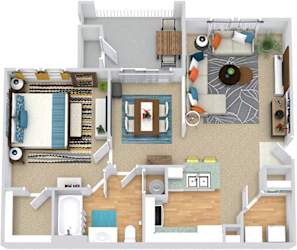 Oakview. 1 bedroom apartment. Kitchen with bartop open to living/dinning rooms. 1 full bathroom. Walk-in closet. Patio/balcony.