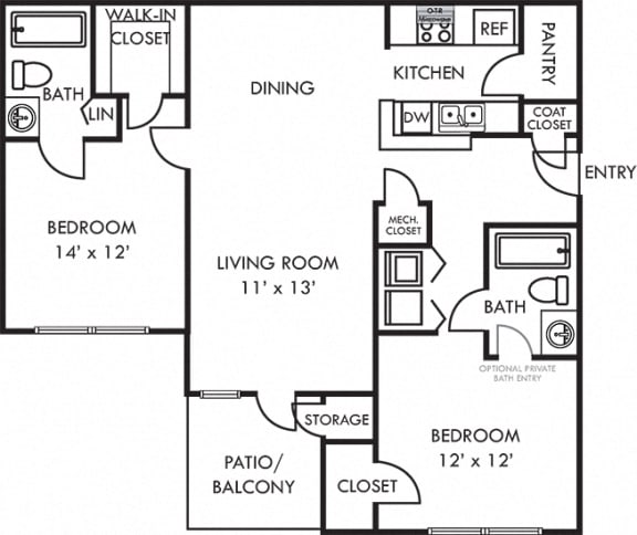 windsor 2 bedroom floorplan with galley kitchen and peninsula bartop open to dining and living room. Pantry. 2 full baths. large closets. in-unit laundry. patio/balcony.