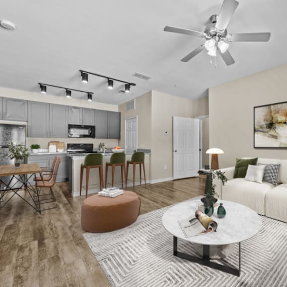 Parkside Apartments in Longview, Texas Model Living Room and Kitchen
