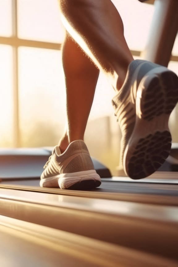 a woman running on a treadmill in a gym
