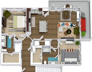 The Mount Royal + Garage. 2 bedroom. stairs to garage. Kitchen with island open to living room. 2 full bathrooms, double vanity in master, shower stall in guest. Walk-in closets. Patio/balcony.