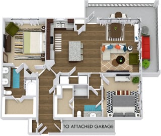 The Millennium with Attached Garage 3D. 2 bedroom apartment. Kitchen with island open to living room. 2 full bathrooms, double vanity in master, shower stall in guest. Walk-in closets. Patio/balcony.