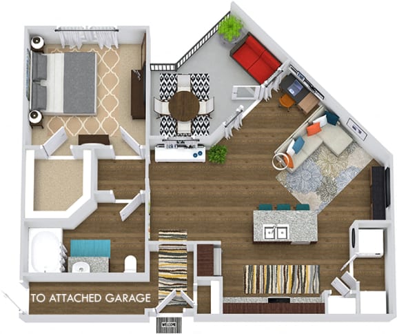 The Patterson with Attached Garage 3D. 1 bedroom apartment. Kitchen with island open to living/dinning rooms. 1 full bathroom. Walk-in closet. Patio/balcony.