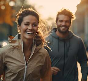 A woman and a man are jogging in the street.