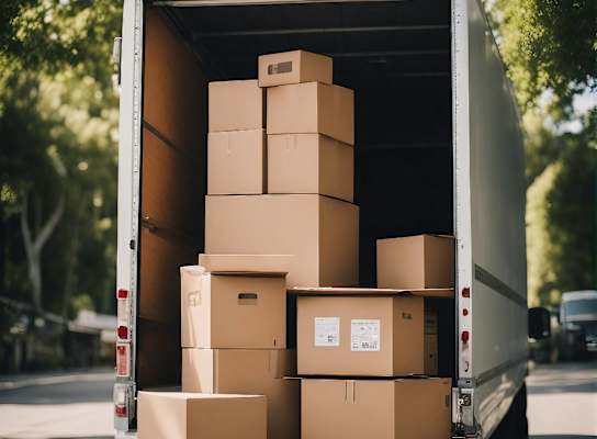 a truck filled with cardboard boxes in the back of it