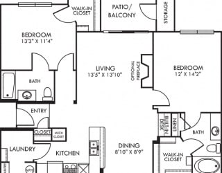 Emerald. 2 bedrooms. Kitchen with bartop open to living/dinning rooms. 2 full bathrooms. Walk-in closets. Patio/balcony with storage. Optional fireplace.