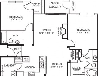 Holden. 2 bedroom apartment. Kitchen with bartop open to living/dinning rooms. 2 full bathrooms. Walk-in closets. Patio/balcony with storage. Optional fireplace.