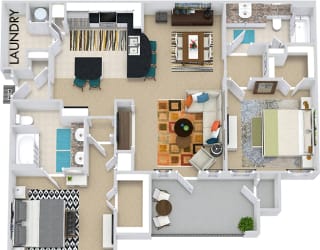The Berlin 3D.2 bedroom apartment. Kitchen with bartop open to living/dining rooms. 2 full bathrooms, double vanity in master. Walk-in closets. Patio/balcony.