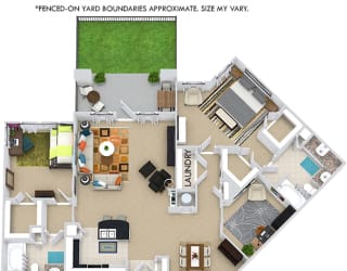 The Seoul + Fenced-in Yard 3D. 2 bedroom apartment. Kitchen with bartop open to living/dining rooms. Study room. 2 full bathrooms, double vanity in master. Walk-in closets. Patio/balcony open to yard