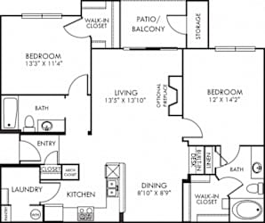 Holden. 2 bedroom apartment. Kitchen with bartop open to living/dinning rooms. 2 full bathrooms. Walk-in closets. Patio/balcony with storage. Optional fireplace.