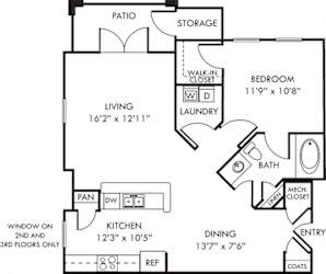 Creekside.  1 bedroom apartment. Kitchen with bartop open to living/dinning rooms. 1 full bathroom. Walk-in closet. Patio/balcony.