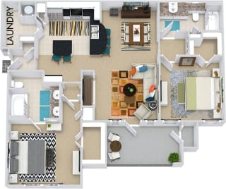 The Berlin 3D.2 bedroom apartment. Kitchen with bartop open to living/dining rooms. 2 full bathrooms, double vanity in master. Walk-in closets. Patio/balcony.